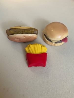 Sausage Sandwich, Bacon Cheeseburger and Fries Vintage 3D Rubber Fridge Magnets