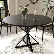Wood Round Dining Table, Kitchen Table Dinner Table w/Metal Base for Dining Room