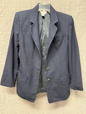 VTG Talbots Blazer Jacket Women's 8 Navy Blue Wool Blend Lined Button Has Damage