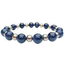 6-10mm Blue Goldstone & Hematite Round Smooth Beads 7" Stretchable Bracelet