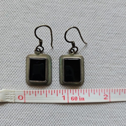 Vtg 1950s Mexico Sterling Silver Black Onyx Rectangle Fish Hook Dangle Earrings - Picture 2 of 6