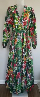 Boden Amelia Cotton Maxi Dress US 4 6  NWT Green Pink Tropical Jungle Bird Palms