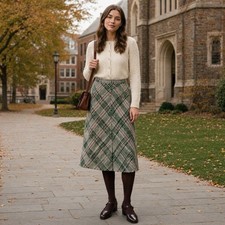 Vintage 60s 70s Green Plaid A-Line Midi Skirt Handmade XXS Cottagecore Academia