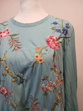 Johnny Was Sophie Mixed Media Blue Sleeve Floral Shirt Coastal Boho Flowy 