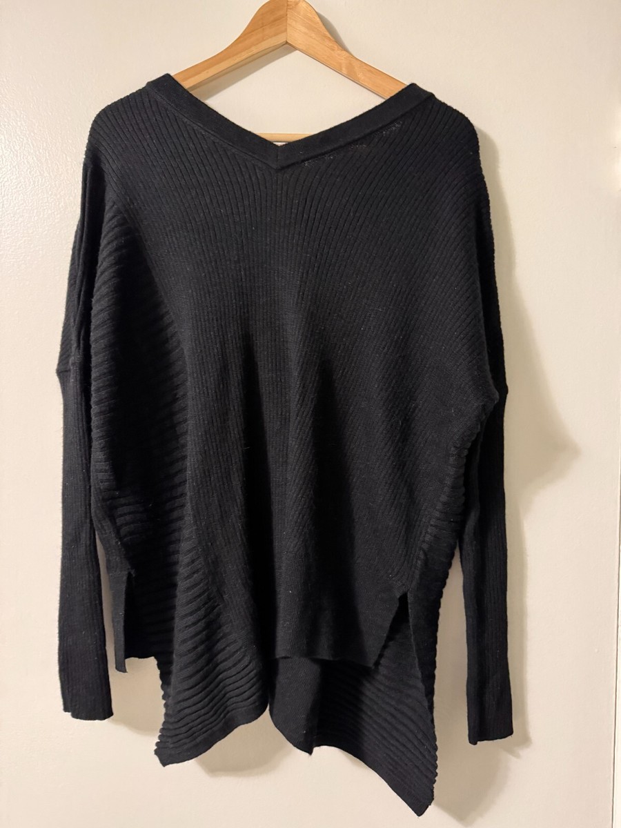 AllSaints Keld Olivo V Neck Ribbed Sweater Italian Yarn, Size M, Oversized, Blac View 2