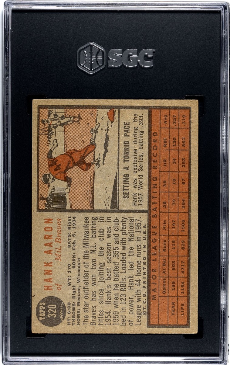 Hank Aaron 1962 Topps Baseball Card #320- SGC Graded 3.5 VG+ | eBay