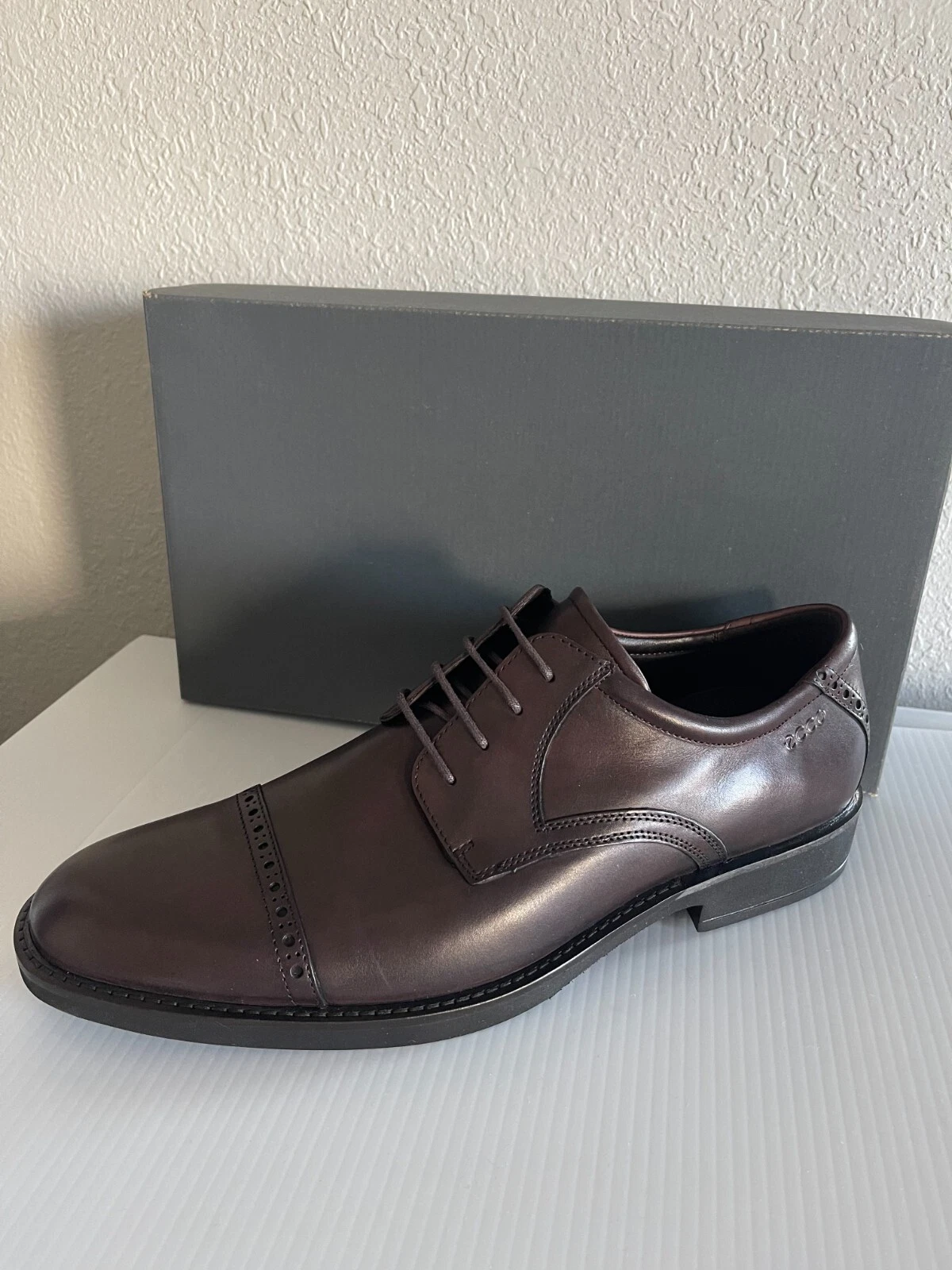 NUOVE SCARPE UOMO IN PELLE CON CAPPUCCIO ECCO BIARRITZ PUNTA IN PIZZO FUDGE $200+ US 13 13 5 EU 47
