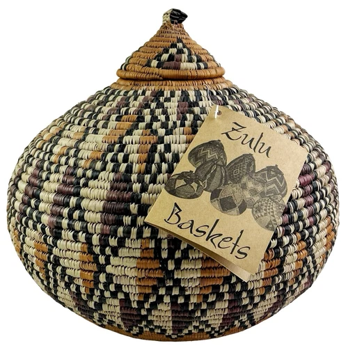 Vintage Zulu Hand Woven Beer Basket Marriage Pattern Lid Signed South Africa 11"