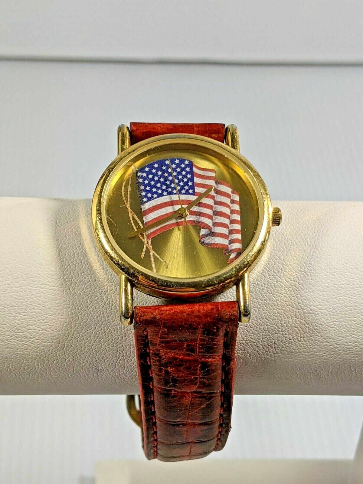Valdawn Gold Tone American Flag Red Distressed Leather Band Watch 9 Inch 