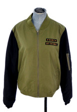 Vans Bomber Jacket Y2k Military Green Army Pilot Front Zip Logo Black Sleeves L