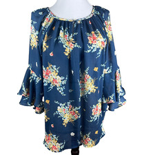 Chaps Women's 3/4 Sleeve Top Blouse Size S Blue Yellow, Floral Print, Gathered R