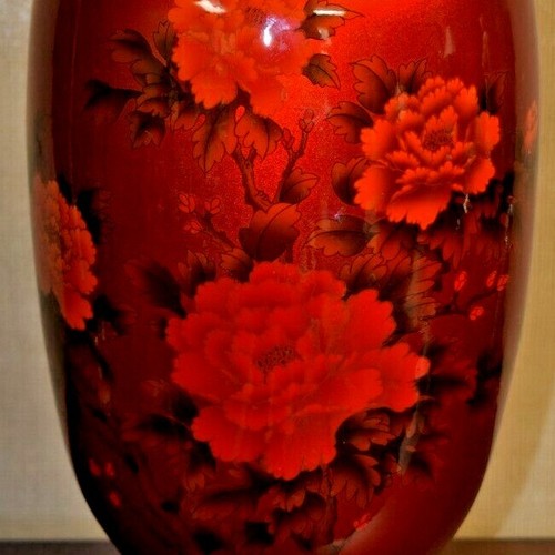 LARGE 33" CHINESE PORCELAIN VASE LAMP CRYSTAL RED UNDER GLAZE PEONYS - Picture 4 of 4