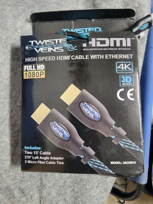 Twisted Veins 2-Pack 15in High Speed HDMI Cable With Ethernet 1080p 4K 3D New