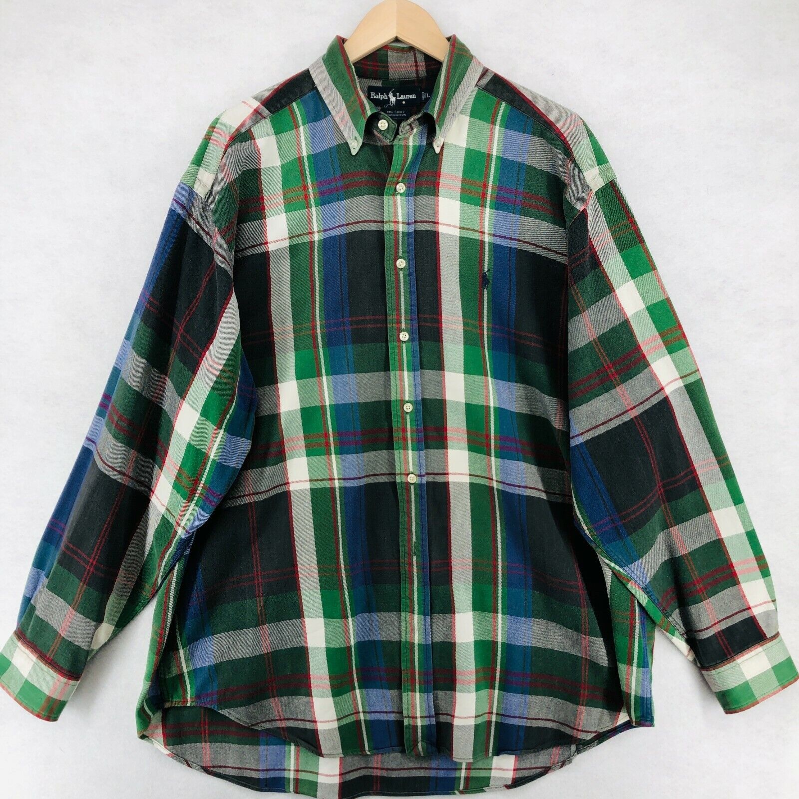 POLO RALPH LAUREN Big Shirt Mens Size L Button Up Plaid Hi-Low 100% Cotton  Green