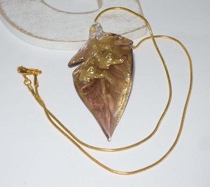 Golden Artglass Leaf Pendant w 2 GP Greyhound Profiles, GP Snake Chain Necklace