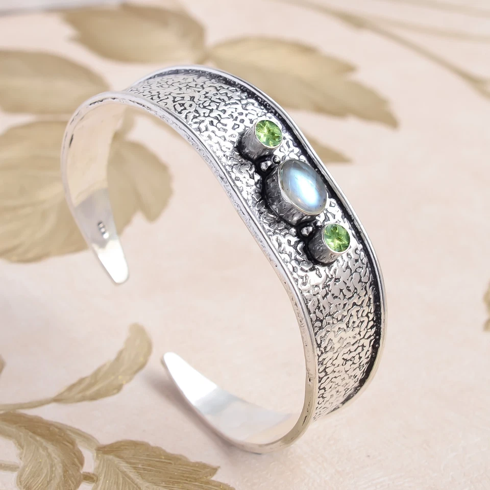 Labradoriet & Peridot Cut Gemstone Cuff 925 Sterling Silver Love Gift Bracelet - Image 3 of 4