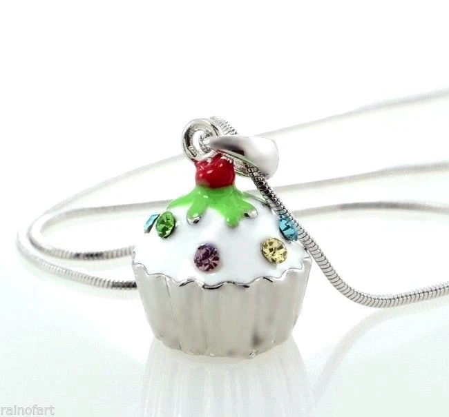 W Collar Colgante Pastel 3D Cristal Swarovski Blanco Cupcake Vainilla Cadena 18"  Foto 2 de 4