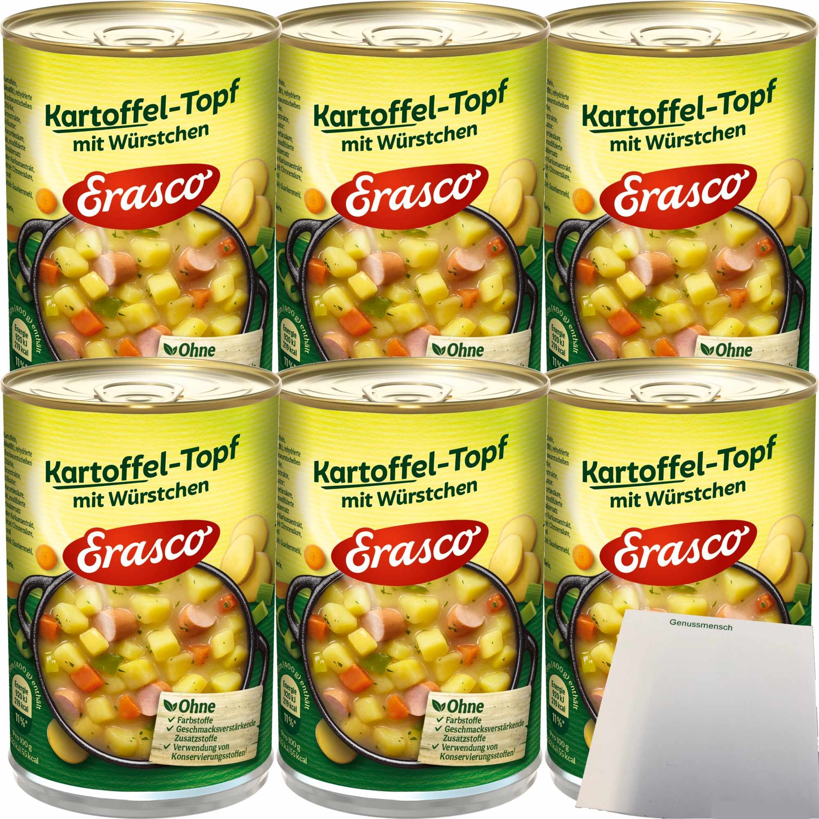 Erasco Kartoffeltopf mit Würstchen 6er Pack 6x400g Dose + usy Block