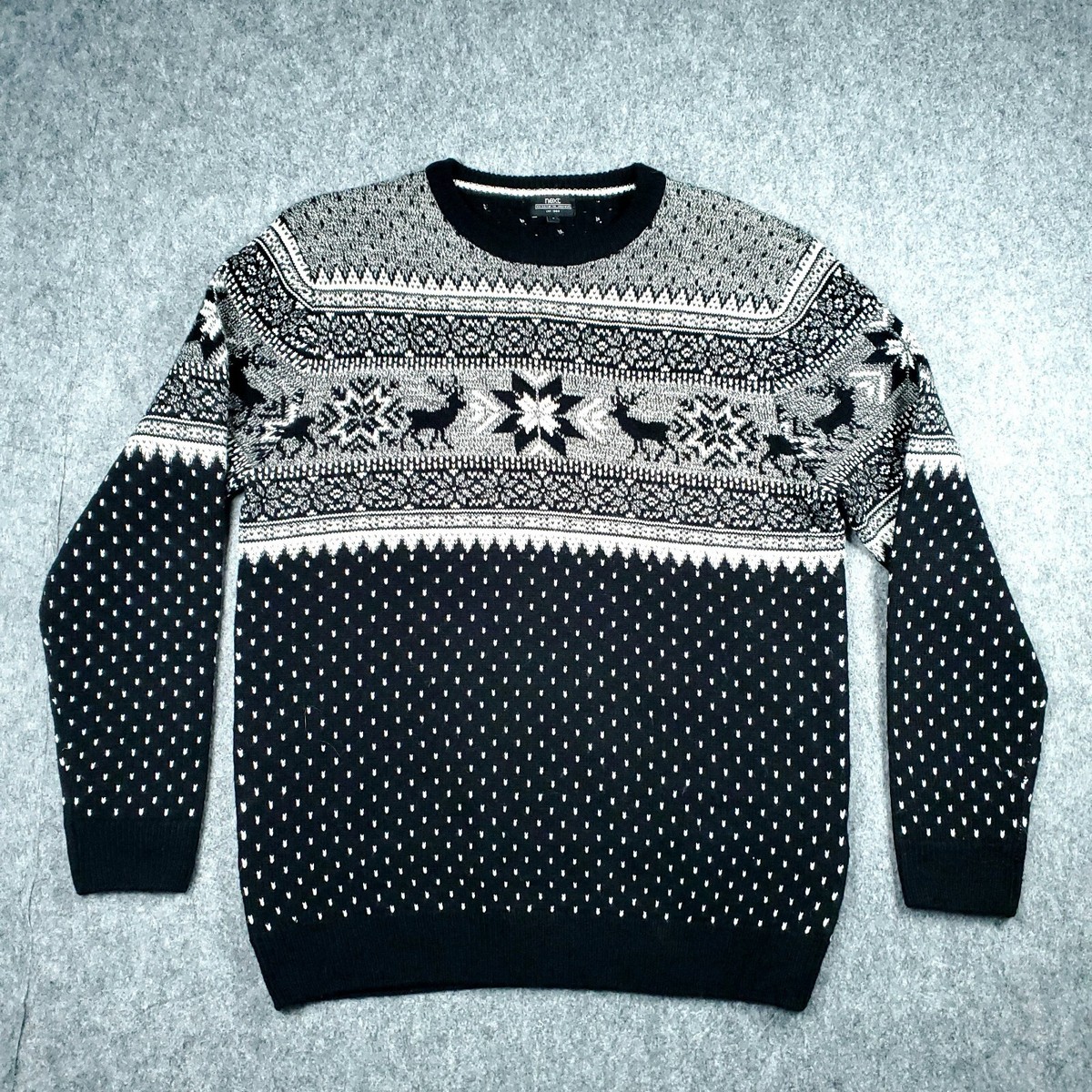 Fair Isle Nordic Sweater Mens Large Black White Deer Wool Blend