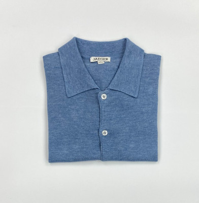 Herren Dusty Blue Jaeger Hemd Medium M Leinen Baumwolle Strick Kurzarm A*