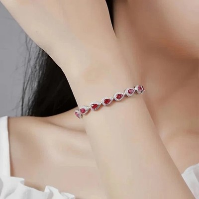 8Ct Pear Cut Lab Created Red Ruby Tennis Women's Bracelet 14K White Gold Plated