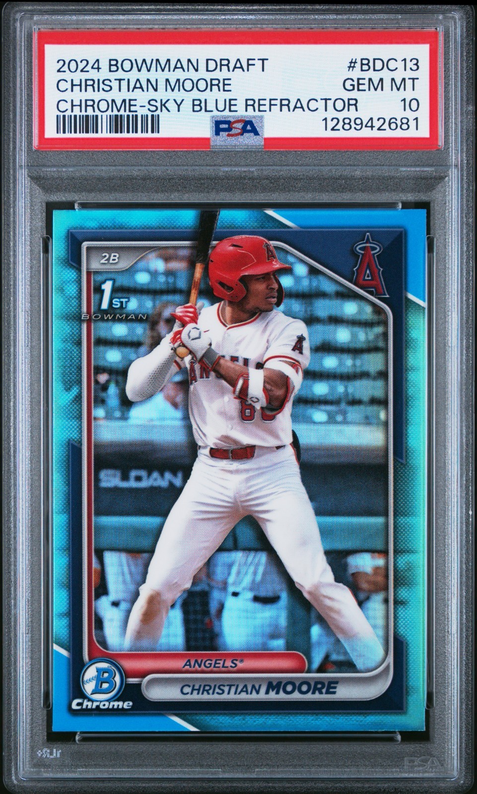 2024 BOWMAN DRAFT CHROME-SKY BLUE REFRACTOR #BDC13 CHRISTIAN MOORE PSA 10