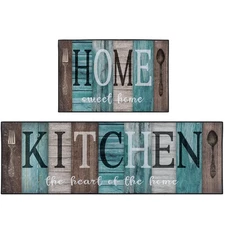 Turquoise Teal Kitchen Rugs and Mats Non Skid Washable Set of 2, Brown Wooden...