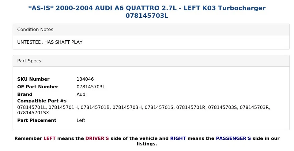 *AS-IS* 2000-2004 AUDI A6 QUATTRO 2.7L - LEFT K03 Turbocharger 078145703L - Image 4 of 4