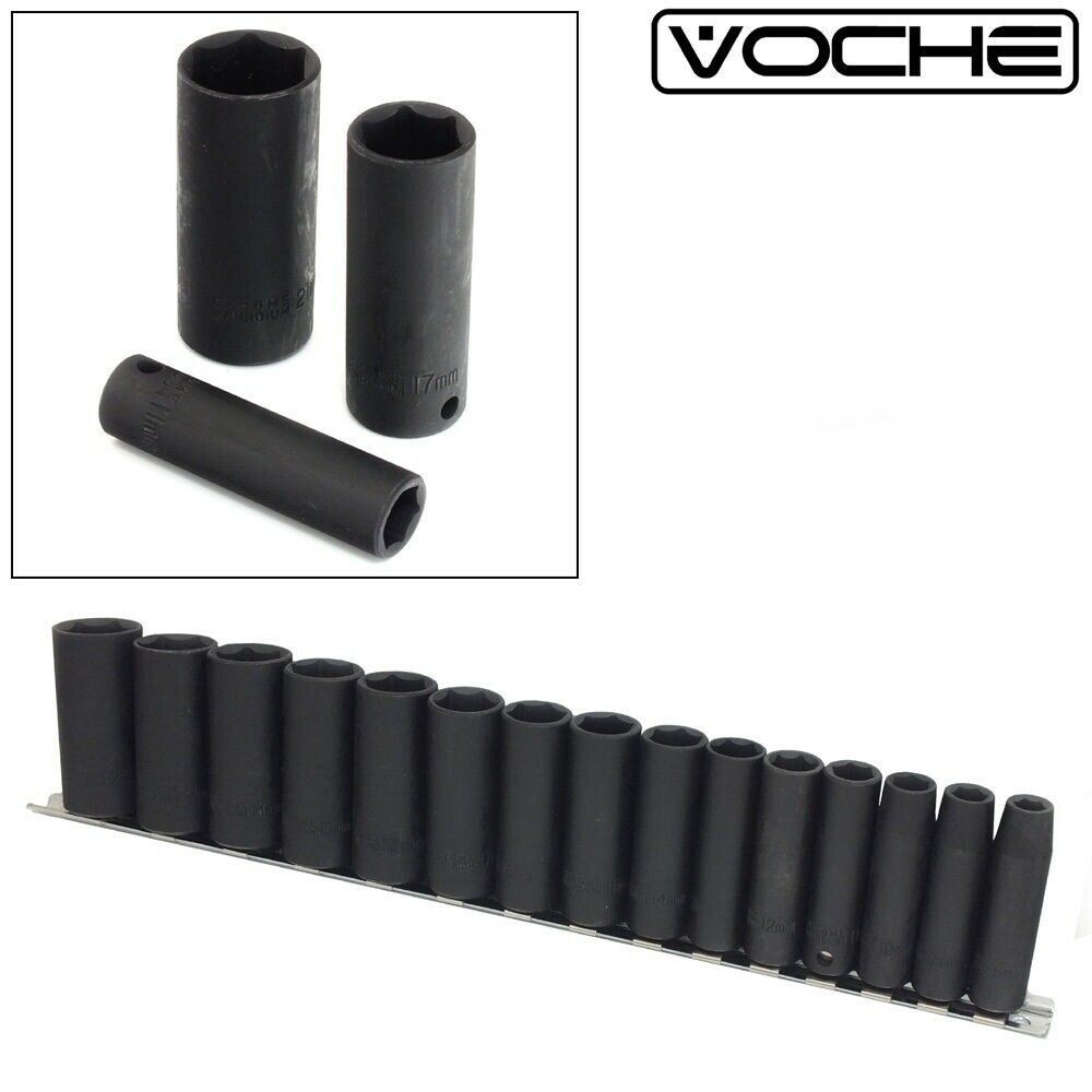 3/8 Deep Impact Socket Set Chrome Vanadium Steel Crv Sockets 8-22mm 15pc Voche®
