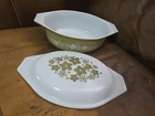 Vintage PYREX Floral Oval Covered Dish Olive Green White Glass with Lid Faded
