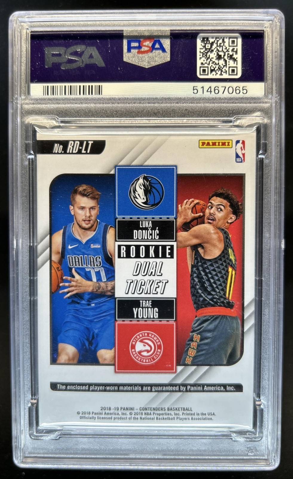 2018-19 Contenders Luka Doncic Trae Young Rookie Ticket Dual Jersey #RD-LT PSA 9 view 2