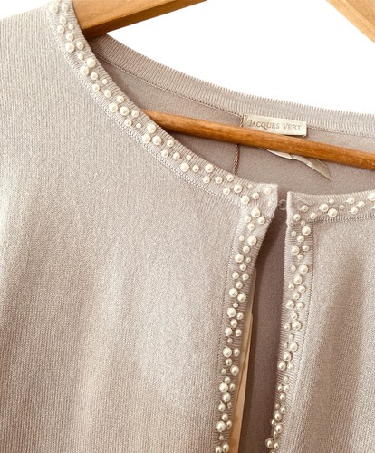 Jacques Vert Grey Cropped Cardigan Shrug Beaded Pearl Trim 3/4 Sleeve Size Large - Picture 3 of 5