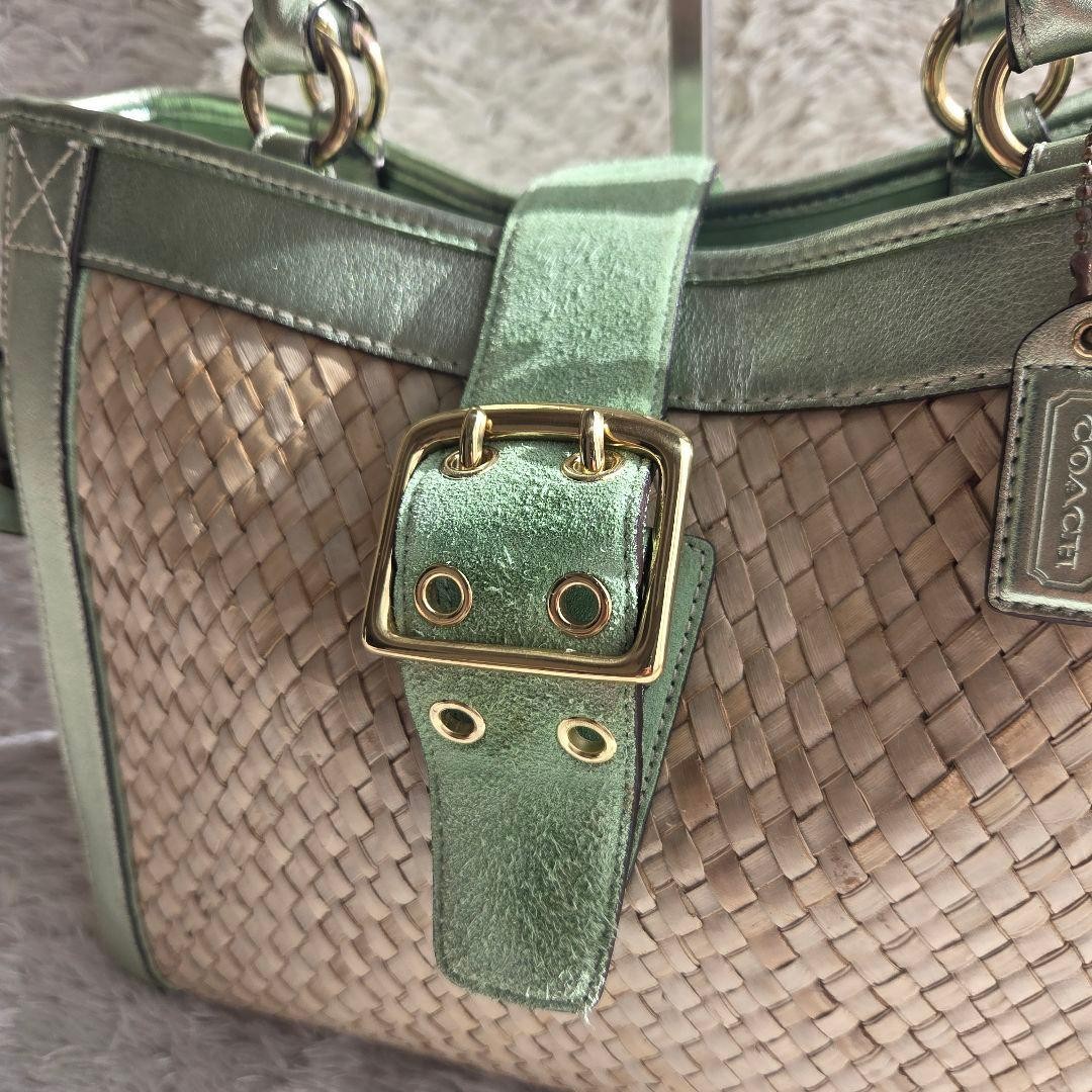 COACH SOHO Straw Large Boxy Tote Basket Bag Green - Gem