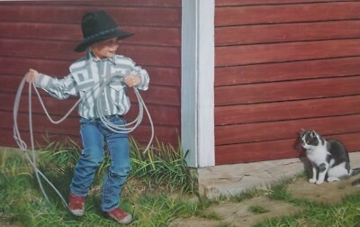 Ann Hanson - ''Here Kitty Kitty'' - Signed & Numbered Print - Young Cowboy & Cat