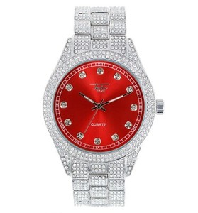 Men Ice Watch Bling Rapper Simulate Diamond Metal Band Silver Hip Luxury Red Ebay