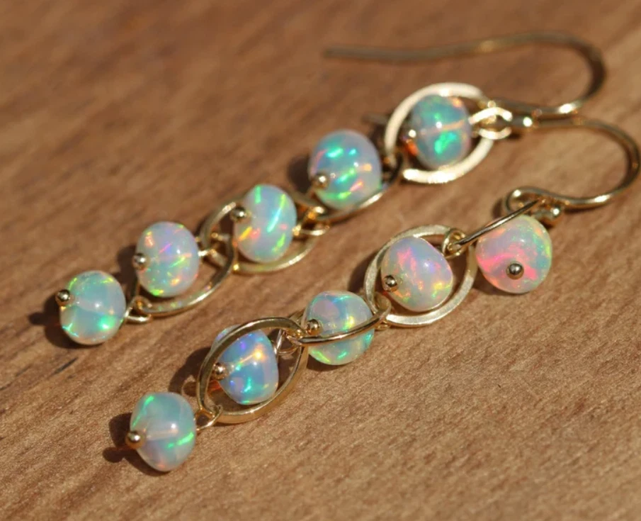 Sterlingsilber Vergoldet Natürlich Äthiopische Opal Perlen Lang Ohrring Schmuck - Bild 2 von 4