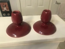 SET of 2 VINTAGE Trenton Art Potteries TAC MAROON BURGUNDY CANDLESTICKS  EXCLLNT