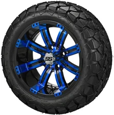 (4) Golf Cart 22x10-14 Trail Fox A/T Tires on 14x7 Black/Blue Tempest Wheels