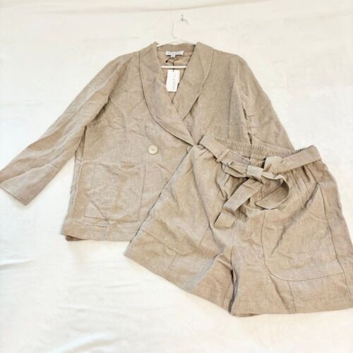 Current Air/LA Linen Blazer Shorts Set Two Piece Suit Beige Summer Casual