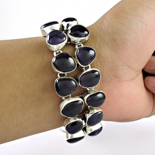 Bracelet Manchette En Argent 925 Avec Améthyste Naturelle Ovale - Fait Main En Inde - Pierre Violette - Réglable