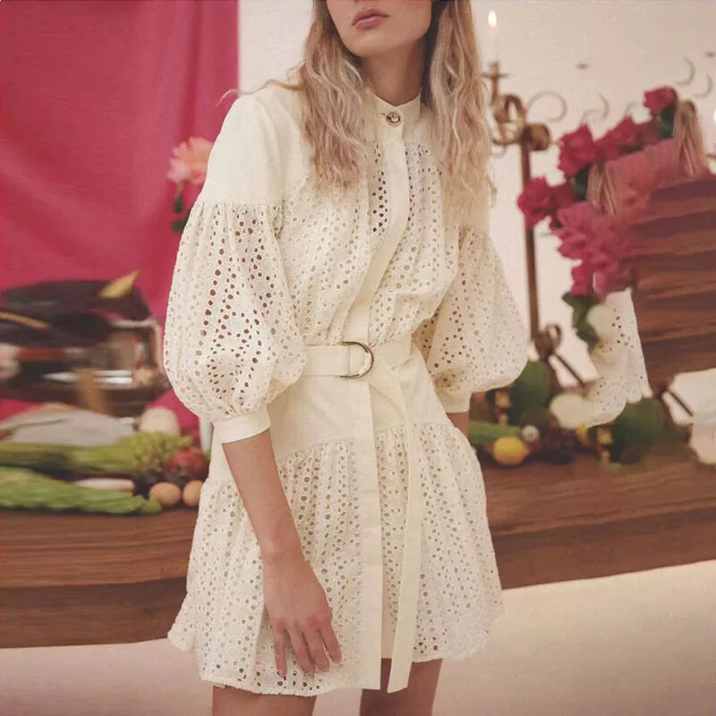 Vestido Mujer Suave Encima Manga Cinturón Boho Bohemio Beis Encaje 422