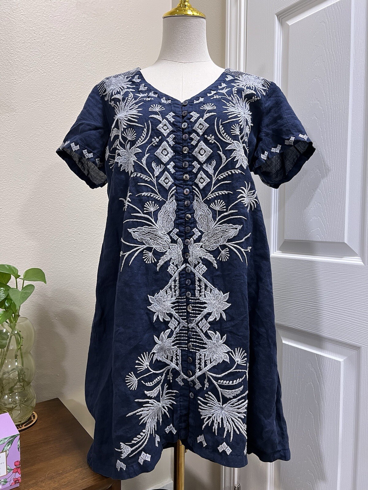 Johnny Was Embroidered Navy Blue Dress Small