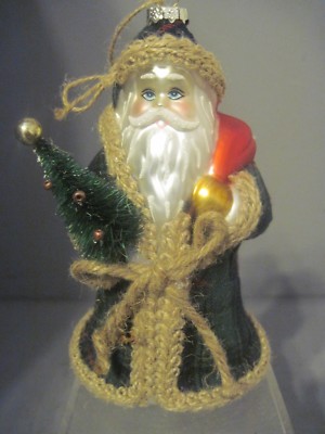 PLASTIC SANTA CHRISTMAS ORNAMENT DRESSED IN CLOTH GREEN PLAID COAT WITH  TREE | eBay