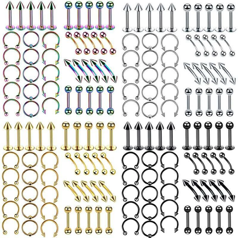 110PCS Mixed Body Piercing Kit Surgical Steel Tongue Eyebrow Nose Lip Ring 16G - Image 2 of 4