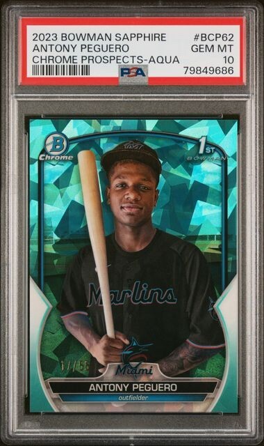 Anthony Peguero 2023 Bowman Sapphire Chrome Prospects Aqua 17/55 #BCP62 PSA 10
