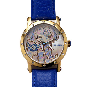 Authentic Bertha Gold Plated Mother of Pearl Wrist Watch 38mm Elephant Dial Blue Leather