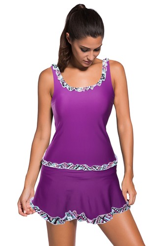 Women Solid Tankini Swimsuit Tank with Ruffle Trim Swim Skirt 2 Piece Skort  Set | eBay