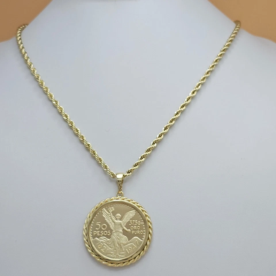 Colgante Centenario MEX Moneda 50 Pesos Circonita cúbica Chapado en Oro 14K y Cadena Cuerda Opcional Foto 2 de 4