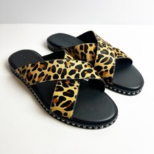 Coach Hailey Beadchain flat slide sandal in leopard-printed calf-hair size: 10