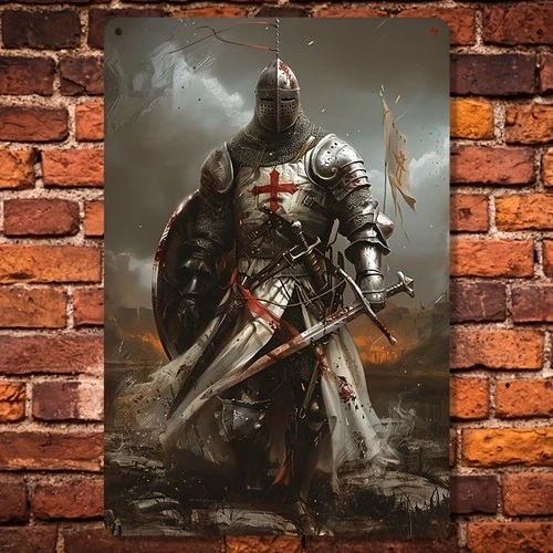 Vintage Templar Knight Wall Art Tin Metal Signs Home Décor 8x12 Medieval Crossed